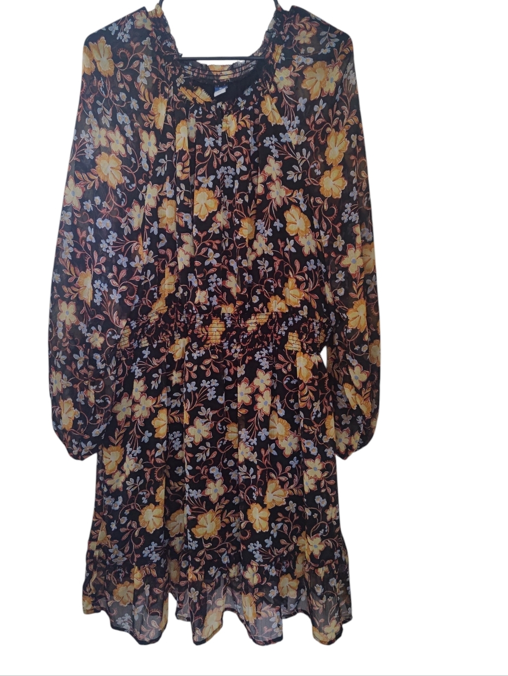 Old Navy Black Floral Chiffon Long-Sleeve Smocked-Waist Mini Dress